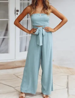 New Women's Normal Jumpsuit Streetwear Solid Color Sleeveless Strapless Lace up Backless Street Daily Regular Fit White Green Apricot Summer Women Jumpsuits