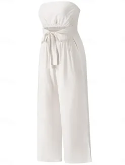 New Women's Normal Jumpsuit Streetwear Solid Color Sleeveless Strapless Lace up Backless Street Daily Regular Fit White Green Apricot Summer Women Jumpsuits