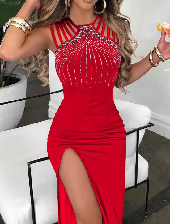 Women's Normal Long Dress Maxi Dress Elegant Dress Birthday Formal Sleeveless Form Fit Solid Color Sleeveless Asymmetrical Black Red Blue Spring Women Cocktail Dress