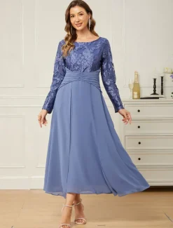 Women's Normal Maxi Dress Lace Dress Chiffon Dress Elegant Stylish Party Wedding Guest Date Regular Fit Solid Color Long Sleeve Crew Neck Summer Women Cocktail Dress