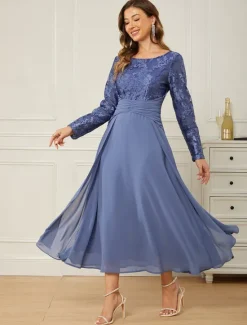 Women's Normal Maxi Dress Lace Dress Chiffon Dress Elegant Stylish Party Wedding Guest Date Regular Fit Solid Color Long Sleeve Crew Neck Summer Women Cocktail Dress