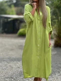 Clearance Women's Normal Maxi Dress Linen-Inspired Dresses Shirt Dress Streetwear Street Date Regular Fit Solid Color Shirt Collar Black White Green Spring Fall Women Dresses
