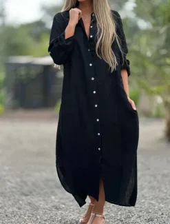 Clearance Women's Normal Maxi Dress Linen-Inspired Dresses Shirt Dress Streetwear Street Date Regular Fit Solid Color Shirt Collar Black White Green Spring Fall Women Dresses