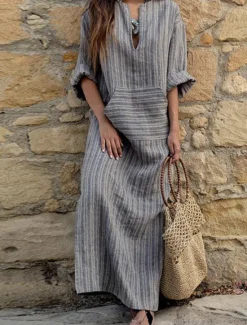 Clearance Women's Normal Maxi Dress Cotton Linen Dresses Vintage Dress Stylish Casual Work Daily Loose Fit Stripe Long Sleeve V Neck Red Green Gray Spring Fall Women Dresses