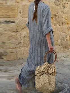 Clearance Women's Normal Maxi Dress Cotton Linen Dresses Vintage Dress Stylish Casual Work Daily Loose Fit Stripe Long Sleeve V Neck Red Green Gray Spring Fall Women Dresses