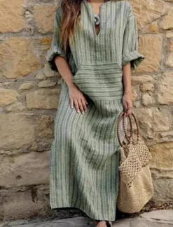 Clearance Women's Normal Maxi Dress Cotton Linen Dresses Vintage Dress Stylish Casual Work Daily Loose Fit Stripe Long Sleeve V Neck Red Green Gray Spring Fall Women Dresses