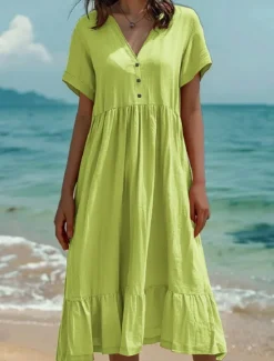 Women's Normal Midi Dress Cotton Linen Dresses Casual Dress Casual Street Regular Fit Solid Color Short Sleeve V Neck Light Green Dark Green Orange Dark Grey Summer Women Dresses