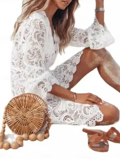 Online Women's Normal Midi Dress Dress Lace Dress Boho Dress Hawaiian Holiday Date Regular Fit Solid Color Sleeveless V Neck Summer Women White Dresses