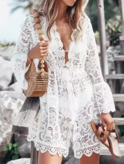Online Women's Normal Midi Dress Dress Lace Dress Boho Dress Hawaiian Holiday Date Regular Fit Solid Color Sleeveless V Neck Summer Women White Dresses