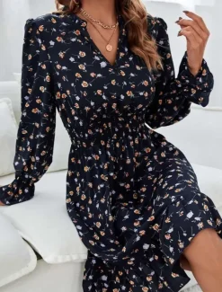 Women's Normal Midi Dress Chiffon Dress Elegant Vintage Daily Date Regular Fit Floral Graphic Long Sleeve V Neck Black Navy Blue Blue Spring Fall Women Spring Dresses