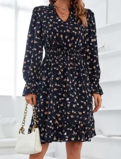 Women's Normal Midi Dress Chiffon Dress Elegant Vintage Daily Date Regular Fit Floral Graphic Long Sleeve V Neck Black Navy Blue Blue Spring Fall Women Spring Dresses