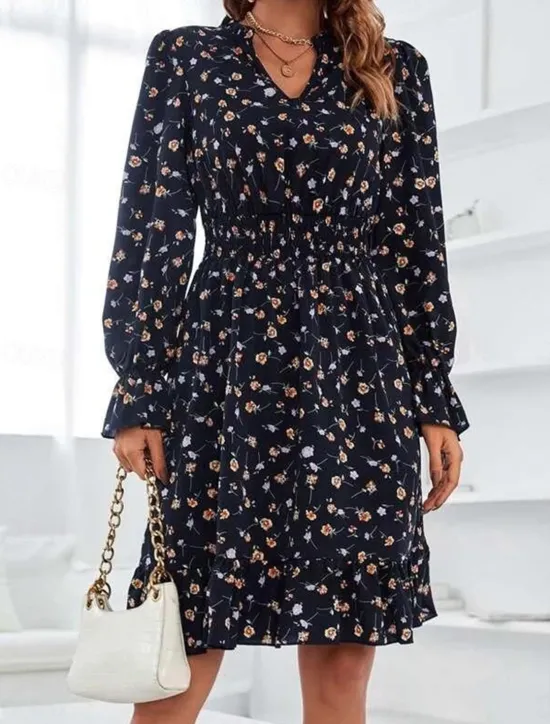 Women's Normal Midi Dress Chiffon Dress Elegant Vintage Daily Date Regular Fit Floral Graphic Long Sleeve V Neck Black Navy Blue Blue Spring Fall Women Spring Dresses