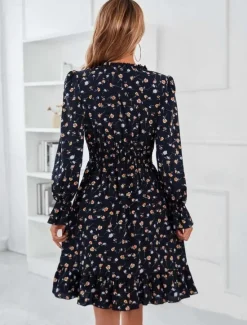 Women's Normal Midi Dress Chiffon Dress Elegant Vintage Daily Date Regular Fit Floral Graphic Long Sleeve V Neck Black Navy Blue Blue Spring Fall Women Spring Dresses