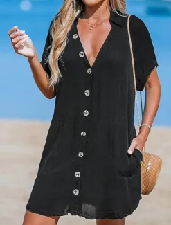 New Women's Normal Midi Dress Linen-Inspired Dresses Beach Dress Tropical Hawaiian Beach Regular Fit Plain Long Sleeve Shirt Collar Black White Pink Summer Women Dresses