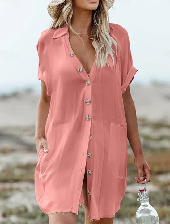 New Women's Normal Midi Dress Linen-Inspired Dresses Beach Dress Tropical Hawaiian Beach Regular Fit Plain Long Sleeve Shirt Collar Black White Pink Summer Women Dresses