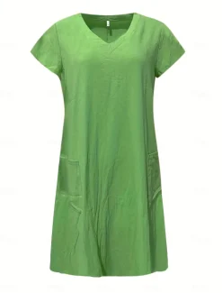 Clearance Women's Normal Mini Dress Cotton Linen Dresses Shift Dress Bohemia Vacation Tropical Butterfly Sleeve Street Casual Daily Form Fit Solid Color Short Sleeve V Neck Yellow Light Green Wine Royal Blue Women Dresses