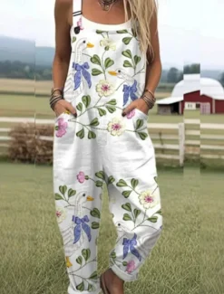 Best Women's Normal Overall Active Floral Sleeveless Round Neck Pocket Print Vacation Daily Regular Fit Yellow Pink Red Summer Women Graphic Jumpsuit