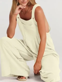 Best Women's Normal Overall Active Solid Color Sleeveless Round Neck Buttons Pocket Vacation Daily Regular Fit Yellow Wine Apricot Summer Women Jumpsuits