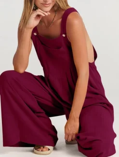 Best Women's Normal Overall Active Solid Color Sleeveless Round Neck Buttons Pocket Vacation Daily Regular Fit Yellow Wine Apricot Summer Women Jumpsuits