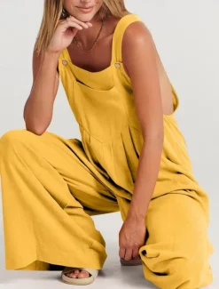 Best Women's Normal Overall Active Solid Color Sleeveless Round Neck Buttons Pocket Vacation Daily Regular Fit Yellow Wine Apricot Summer Women Jumpsuits