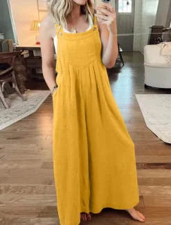 Best Women's Normal Overall Active Solid Color Sleeveless Round Neck Buttons Pocket Vacation Daily Regular Fit Yellow Wine Apricot Summer Women Jumpsuits