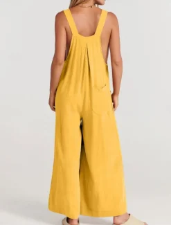 Best Women's Normal Overall Active Solid Color Sleeveless Round Neck Buttons Pocket Vacation Daily Regular Fit Yellow Wine Apricot Summer Women Jumpsuits