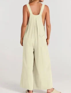 Best Women's Normal Overall Active Solid Color Sleeveless Round Neck Buttons Pocket Vacation Daily Regular Fit Yellow Wine Apricot Summer Women Jumpsuits
