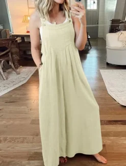 Best Women's Normal Overall Active Solid Color Sleeveless Round Neck Buttons Pocket Vacation Daily Regular Fit Yellow Wine Apricot Summer Women Jumpsuits
