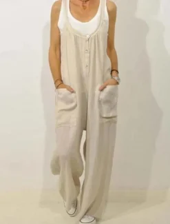 Discount Women's Normal Overall Dungarees Streetwear Solid Color Sleeveless V Neck Buttons Pocket Street Daily Regular Fit Black Khaki Summer Women Overalls