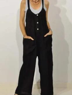 Discount Women's Normal Overall Dungarees Streetwear Solid Color Sleeveless V Neck Buttons Pocket Street Daily Regular Fit Black Khaki Summer Women Overalls