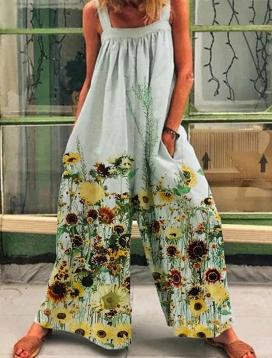 Online Women's Normal Overall Holiday Floral Sleeveless Wide Leg Square Neck Pocket Print Street Daily Regular Fit Yellow Light Green Pink Summer Women Overalls