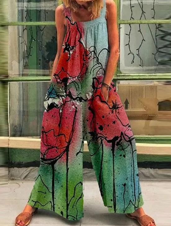Online Women's Normal Overall Holiday Floral Sleeveless Wide Leg Square Neck Pocket Print Street Daily Regular Fit Yellow Light Green Pink Summer Women Overalls