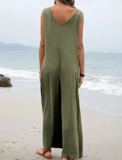 Hot Women's Normal Overall Streetwear Solid Color Sleeveless V Neck Pocket Street Daily Regular Fit Black Pink Green Summer Women Overalls