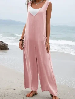 Hot Women's Normal Overall Streetwear Solid Color Sleeveless V Neck Pocket Street Daily Regular Fit Black Pink Green Summer Women Overalls