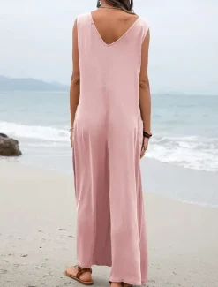 Hot Women's Normal Overall Streetwear Solid Color Sleeveless V Neck Pocket Street Daily Regular Fit Black Pink Green Summer Women Overalls