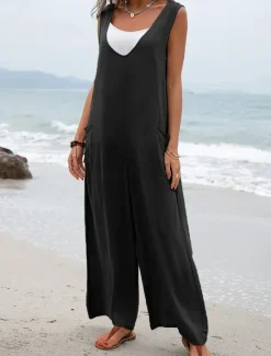 Hot Women's Normal Overall Streetwear Solid Color Sleeveless V Neck Pocket Street Daily Regular Fit Black Pink Green Summer Women Overalls