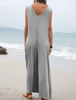 Hot Women's Normal Overall Streetwear Solid Color Sleeveless V Neck Pocket Street Daily Regular Fit Black Pink Green Summer Women Overalls