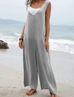 Hot Women's Normal Overall Streetwear Solid Color Sleeveless V Neck Pocket Street Daily Regular Fit Black Pink Green Summer Women Overalls