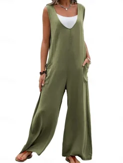 Hot Women's Normal Overall Streetwear Solid Color Sleeveless V Neck Pocket Street Daily Regular Fit Black Pink Green Summer Women Overalls