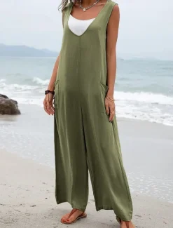 Hot Women's Normal Overall Streetwear Solid Color Sleeveless V Neck Pocket Street Daily Regular Fit Black Pink Green Summer Women Overalls