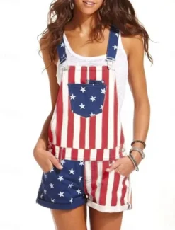 Best Women's Normal Overall Streetwear National Flag Sleeveless Square Neck Buttons Pocket Street Daily Regular Fit Black Red Summer Women Overalls
