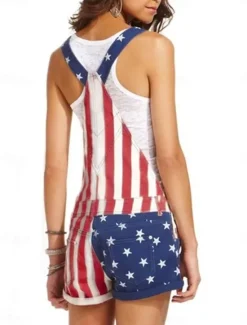 Best Women's Normal Overall Streetwear National Flag Sleeveless Square Neck Buttons Pocket Street Daily Regular Fit Black Red Summer Women Overalls