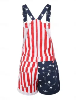 Best Women's Normal Overall Streetwear National Flag Sleeveless Square Neck Buttons Pocket Street Daily Regular Fit Black Red Summer Women Overalls