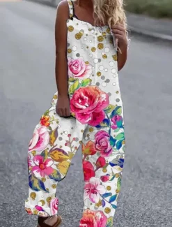 Best Women's Normal Overall Streetwear Floral Sleeveless Square Neck Print Street Daily Regular Fit White Pink Orange Summer Women Overalls