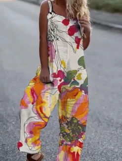 Best Women's Normal Overall Streetwear Floral Sleeveless Square Neck Print Street Daily Regular Fit White Pink Orange Summer Women Overalls