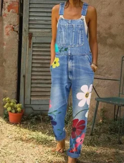 Hot Women's Normal Overall Streetwear Floral Sleeveless Pocket Print Daily Going out Regular Fit Blue Gray Light Blue Women Overalls