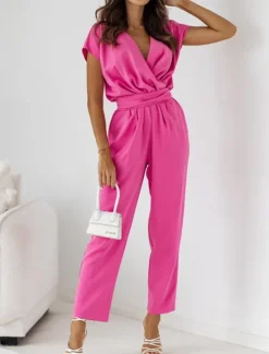 New Women's Normal2 Pieces SetsStreetwear Casual Half Sleeve V Neck Solid Color Pocket Belted Street Daily Going out Black Fuchsia Apricot Summer Regular Fit Women Two Piece Sets