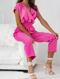 New Women's Normal2 Pieces SetsStreetwear Casual Half Sleeve V Neck Solid Color Pocket Belted Street Daily Going out Black Fuchsia Apricot Summer Regular Fit Women Two Piece Sets