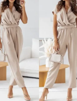 New Women's Normal2 Pieces SetsStreetwear Casual Half Sleeve V Neck Solid Color Pocket Belted Street Daily Going out Black Fuchsia Apricot Summer Regular Fit Women Two Piece Sets