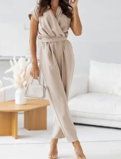New Women's Normal2 Pieces SetsStreetwear Casual Half Sleeve V Neck Solid Color Pocket Belted Street Daily Going out Black Fuchsia Apricot Summer Regular Fit Women Two Piece Sets